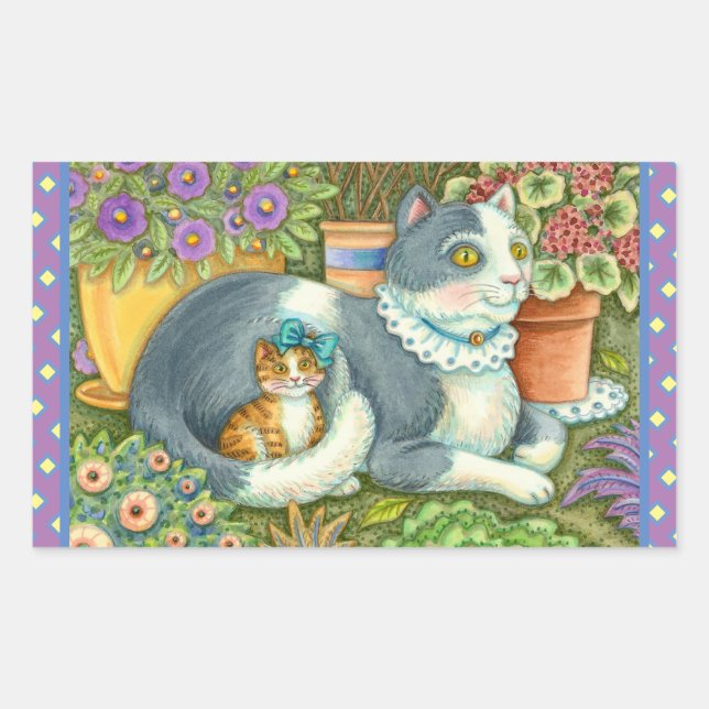 MOTHER CAT AND KITTEN, POTTED FLOWERS, BOWS & LACE RECTANGULAR STICKER (Front)