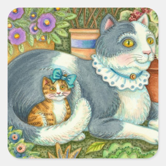 MOTHER CAT AND KITTEN, POTTED FLOWERS, BOWS & LACE SQUARE STICKER (Front)