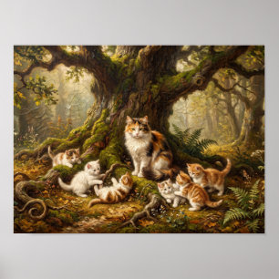 Mother Cat and Kittens Forest Painting Poster