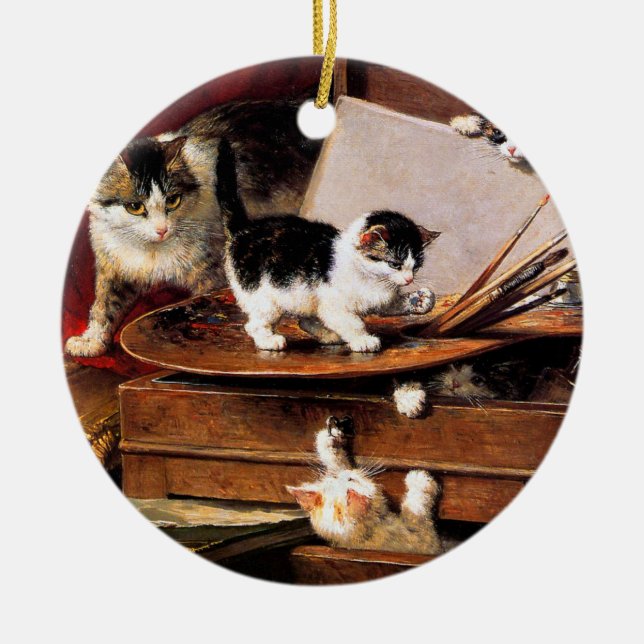 Mother Cat and Kittens on Table Ceramic Ornament (Front)