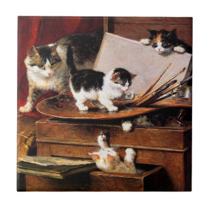 Mother Cat and Kittens on Table Ceramic Tile