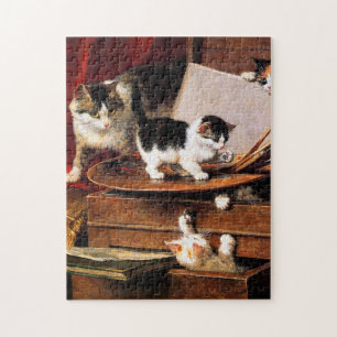 Mother Cat and Kittens on Table Jigsaw Puzzle