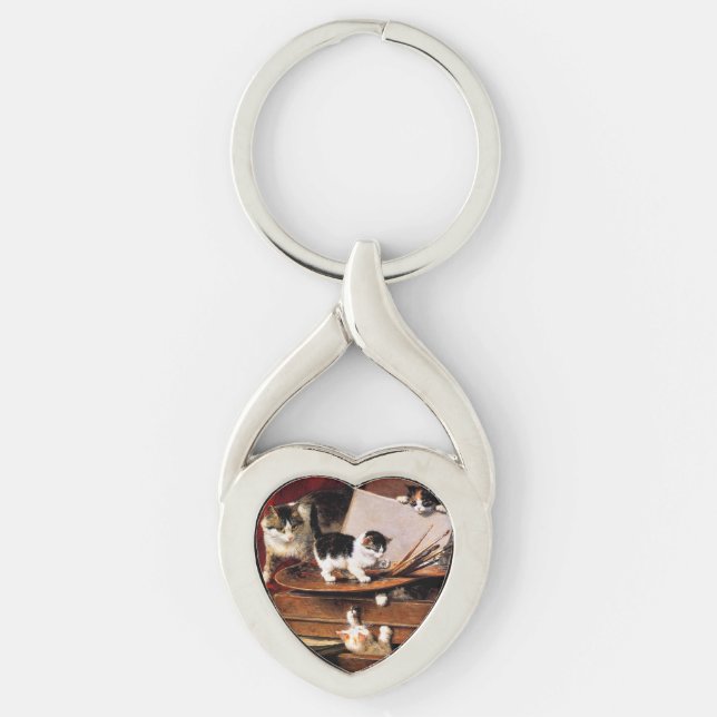 Mother Cat and Kittens on Table Key Ring (Front)