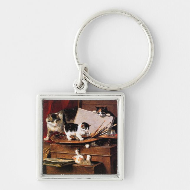 Mother Cat and Kittens on Table Key Ring (Front)
