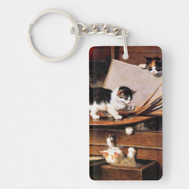 Mother Cat and Kittens on Table Key Ring (Front)