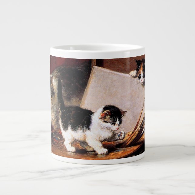 Mother Cat and Kittens on Table Large Coffee Mug (Front)