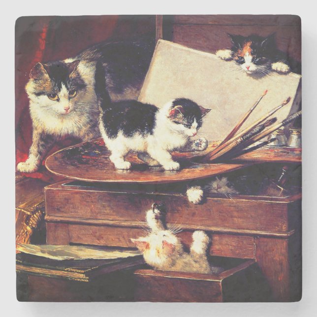 Mother Cat and Kittens on Table Stone Coaster (Front)
