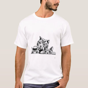 Mother Cat and Kittens Peeking Ink Line Art T-Shirt
