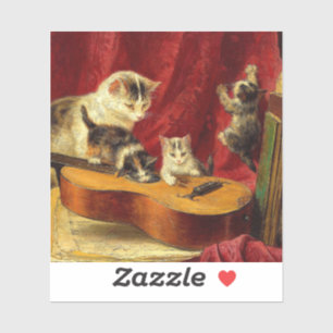 Mother Cat and Kittens Playing with Guitar