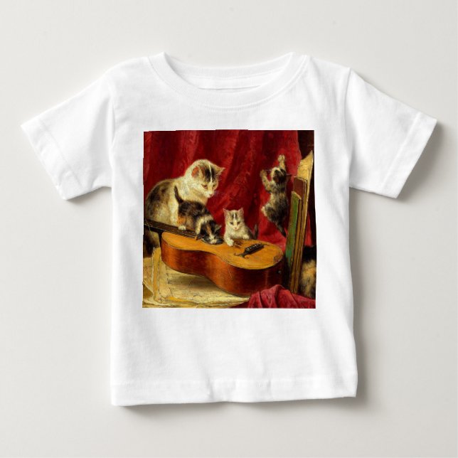 Mother Cat and Kittens Playing with Guitar Baby T-Shirt (Front)