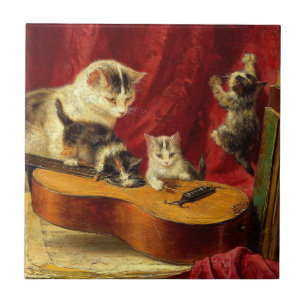 Mother Cat and Kittens Playing with Guitar Ceramic Tile