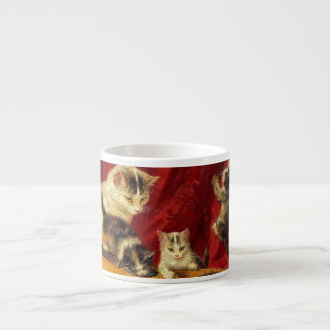 Mother Cat and Kittens Playing with Guitar Espresso Cup (Front)