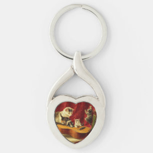 Mother Cat and Kittens Playing with Guitar Key Ring