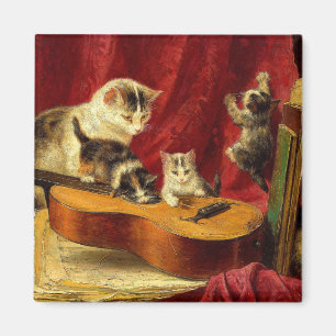 Mother Cat and Kittens Playing with Guitar Magnet