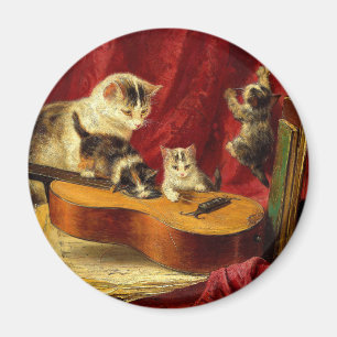 Mother Cat and Kittens Playing with Guitar Magnet