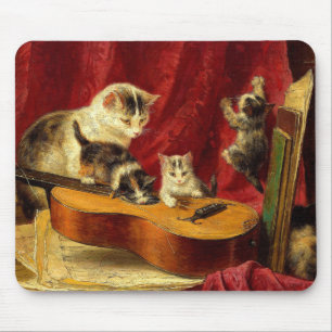 Mother Cat and Kittens Playing with Guitar Mouse Pad