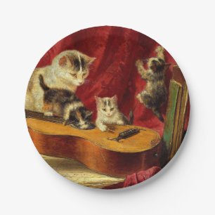 Mother Cat and Kittens Playing with Guitar Paper Plate