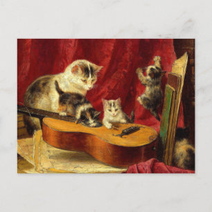 Mother Cat and Kittens Playing with Guitar Postcard