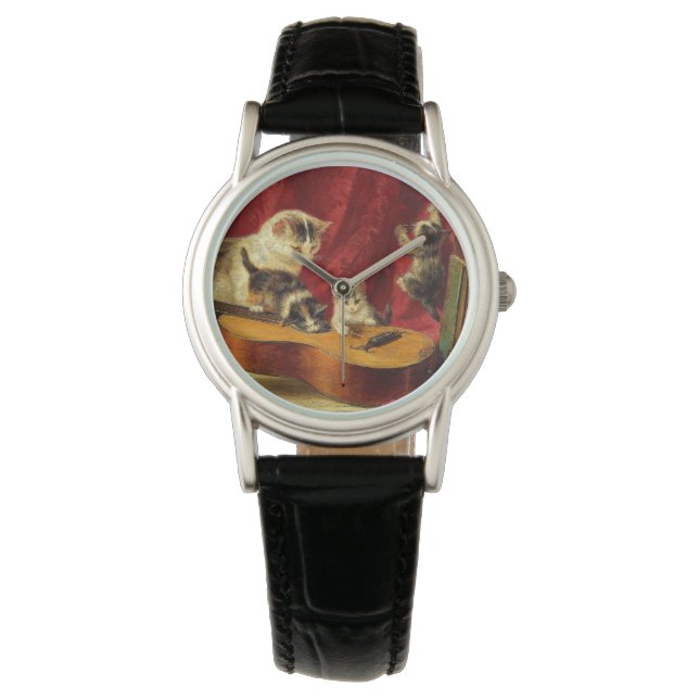 Mother Cat and Kittens Playing with Guitar Watch (Front)