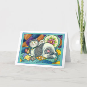 MOTHER CAT & KITTEN, PATCHWORK QUILTS, PINCUSHION CARD