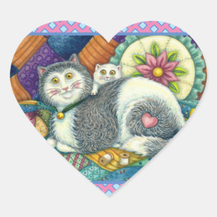 MOTHER CAT & KITTEN, PATCHWORK QUILTS, PINCUSHION HEART STICKER
