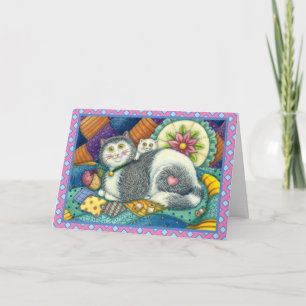 MOTHER CAT & KITTEN, PATCHWORK QUILTS, PINCUSHION HOLIDAY CARD