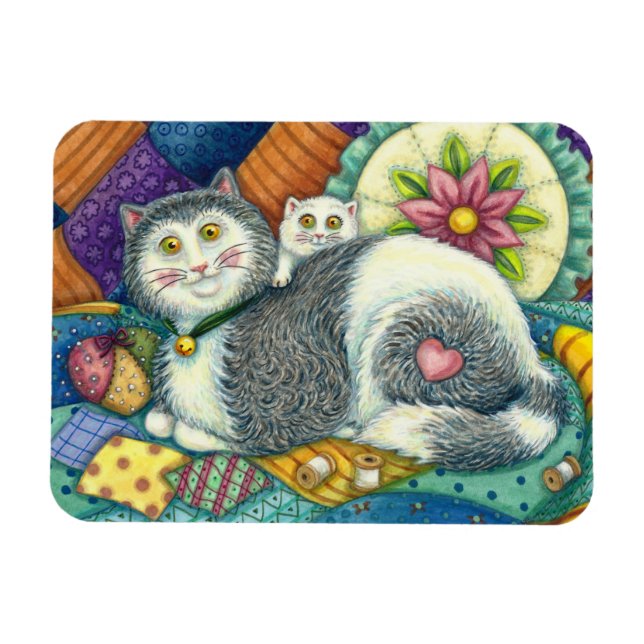 MOTHER CAT & KITTEN, PATCHWORK QUILTS, PINCUSHION  MAGNET (Horizontal)