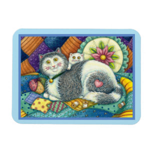 MOTHER CAT & KITTEN, PATCHWORK QUILTS, PINCUSHION MAGNET