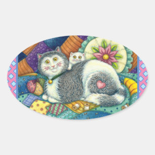 MOTHER CAT & KITTEN, PATCHWORK QUILTS, PINCUSHION OVAL STICKER