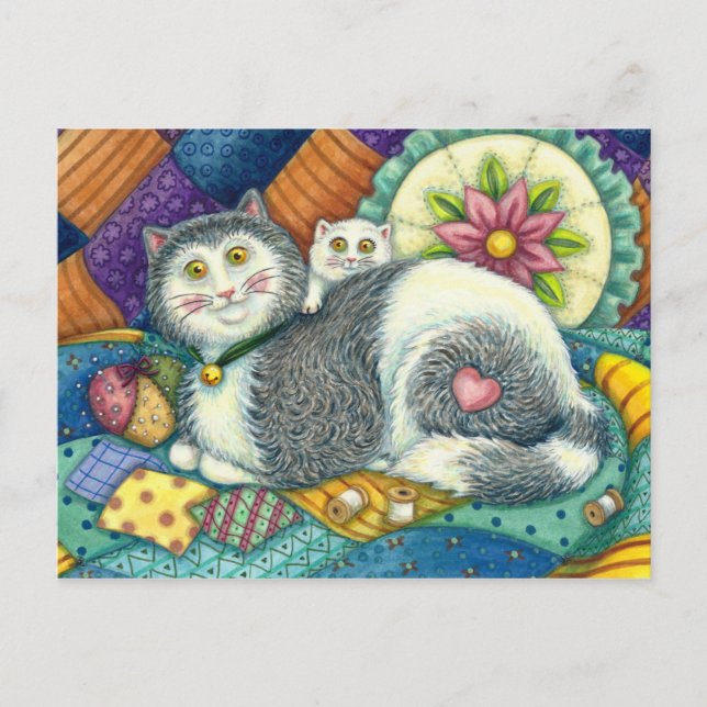 MOTHER CAT & KITTEN, PATCHWORK QUILTS, PINCUSHION POSTCARD (Front)