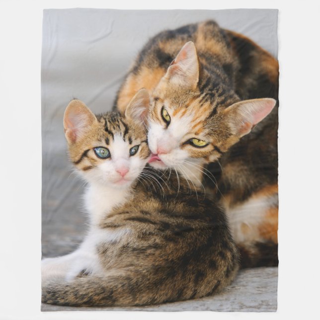 Mother Cat Loves Cute Kitten Fleece Blanket (Front)