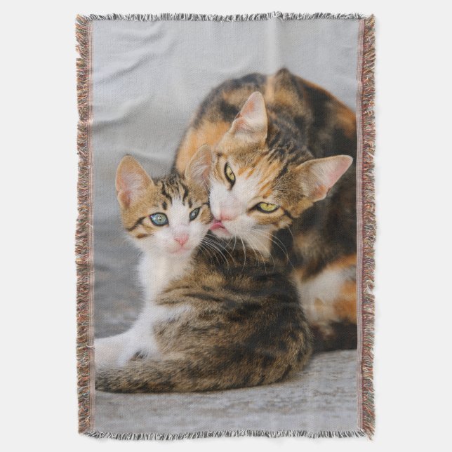 Mother cat loves kitten throw blanket (Front Vertical)