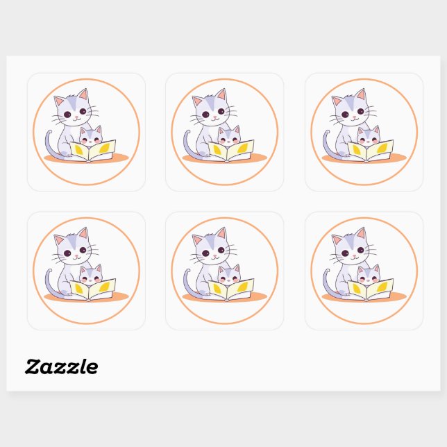 Mother Cat Reading to Her Kitten Round Sticker (Sheet)