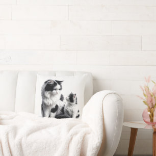 Mother Cat With Kitten On White Cushion