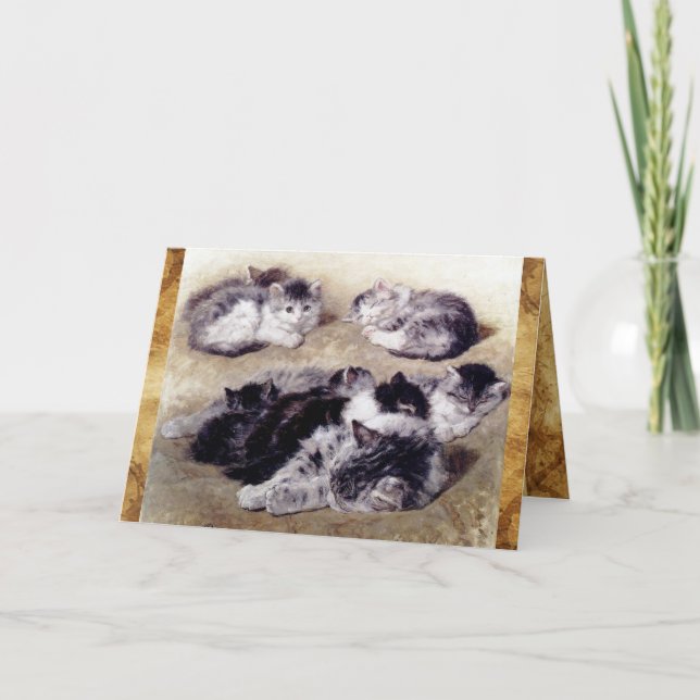 MOTHER CAT WITH KITTENS Parchment Monogram Note Card (Front)