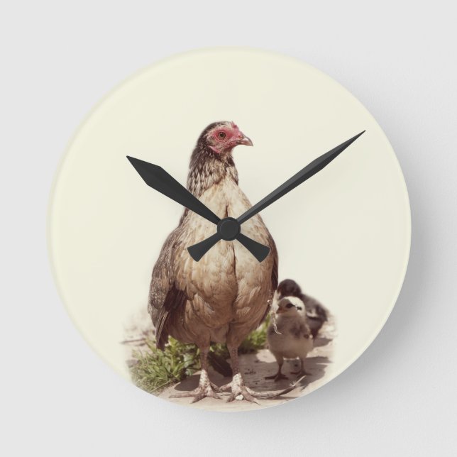 Mother Chicken and Baby Chickens Round Clock (Front)
