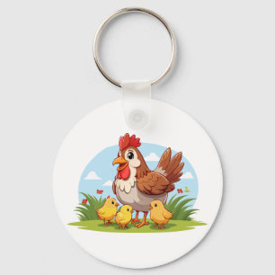 mother chicken and little yellow chicks key ring