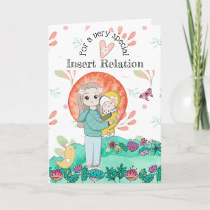 Mother child whimsical garden spring baby bird art card