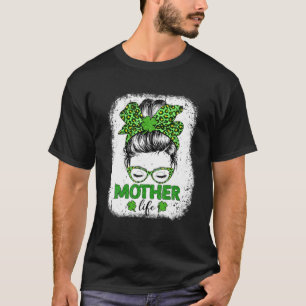 Mother Clover Messy Bun Leopard Funny St Patrick's T-Shirt