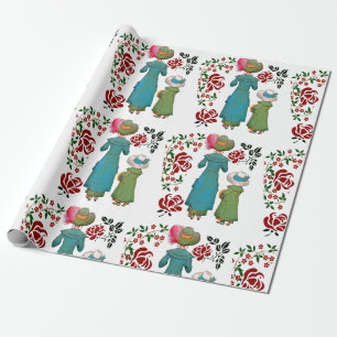Mother Daughter Duo Red Roses Floral Greenery Wrapping Paper