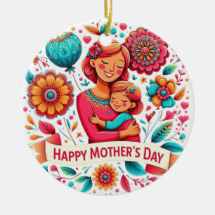 Mother & Daughter Embrace Floral Mother's Day Ceramic Ornament