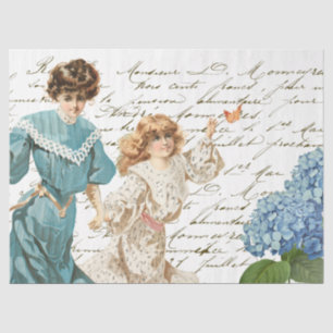 Mother Daughter French Script Blue Flower Vintage  Tissue Paper