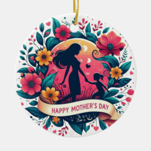 Mother & Daughter Silhouette Floral Mother's Day Ceramic Ornament
