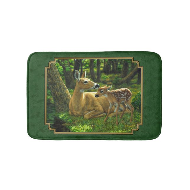 Mother Deer and Fawn Forest Green Bath Mat (Front)