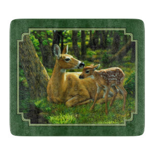 Mother Deer and Fawn Forest Green Cutting Board