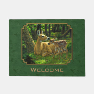 Mother Deer and Fawn Forest Green Doormat