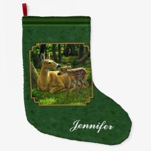 Mother Deer and Fawn Forest Green Large Christmas Stocking
