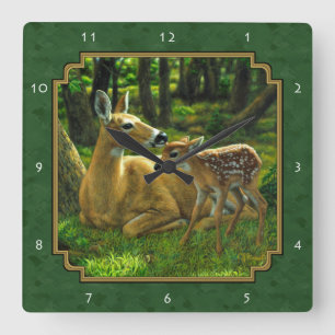 Mother Deer and Fawn Forest Green Square Wall Clock