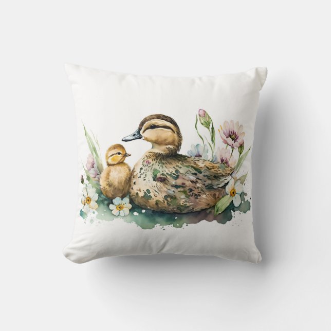 Mother Duck and Duckling Watercolor Cushion (Front)