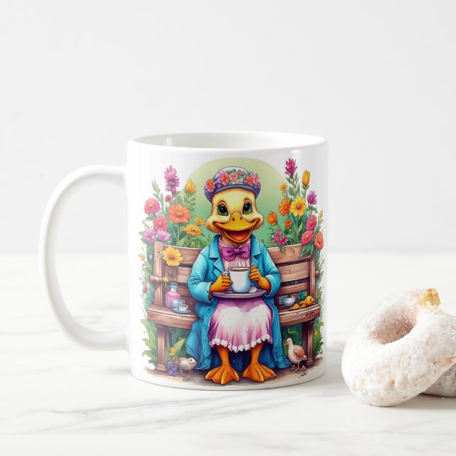 Mother Duck Drinking Coffee Quote Colourful Flower Mug (With Donut)
